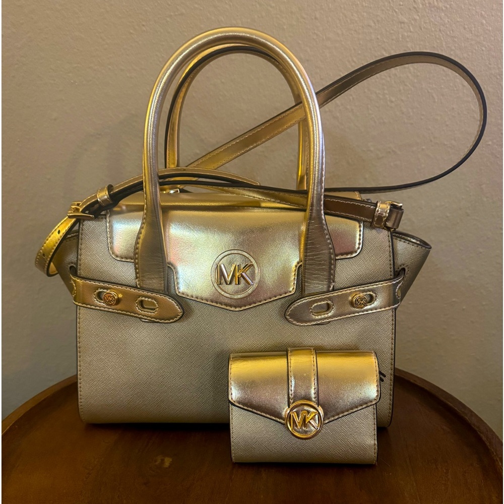 LIKE NEW, Michael Kors, Carmen Medium Metallic Belted Satchel & matching wallet